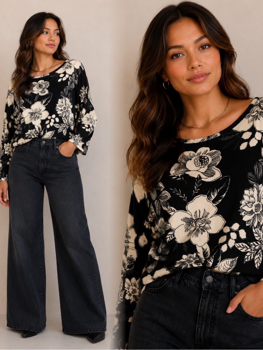 Promesa Black Floral Crewneck Long Sleeve Top